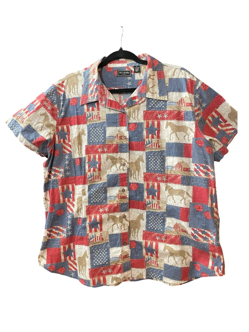🇺🇸 Bit & Bridle Women's Patchwork Button-Down Shirt - Red/Blue/Cream 1X